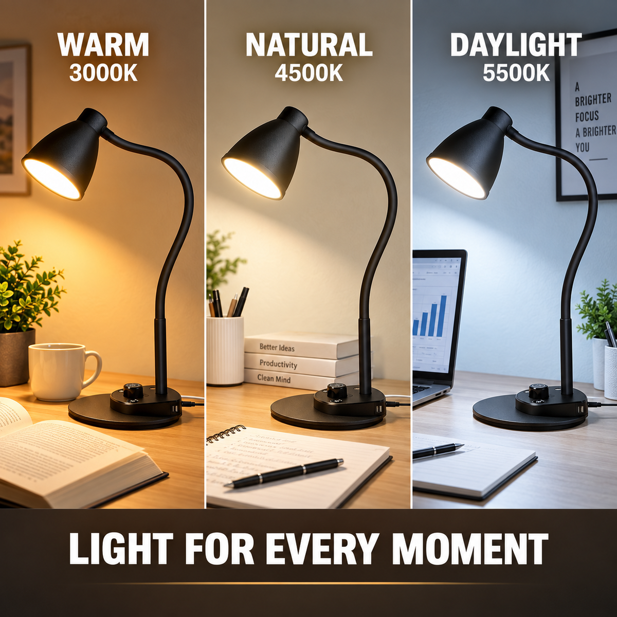 LED Desk Lamp with USB Charging Port — 3 Color Modes, Auto Dimming, Stepless Brightness & Flexible Gooseneck