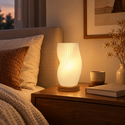 Vintage Spiral Wave Table Lamp, 8.3-Inch Small Bedside Lamp with 3D-Printed Ivory Shade, Solid Wood Base, Warm 2700K LED Bulb Included, Nightstand Light for Bedroom, Office & Dorm