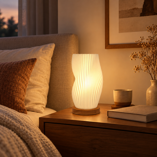 Vintage Spiral Wave Table Lamp, 8.3-Inch Small Bedside Lamp with 3D-Printed Ivory Shade, Solid Wood Base, Warm 2700K LED Bulb Included, Nightstand Light for Bedroom, Office & Dorm