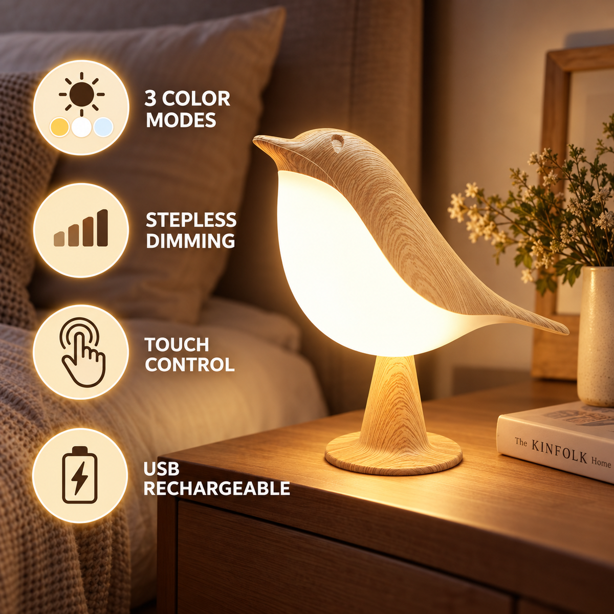 2-in-1 Rechargeable Bird Table Lamp — Cordless Touch Night Light with 3 Color Modes, Stepless Dimming & Hanging Design