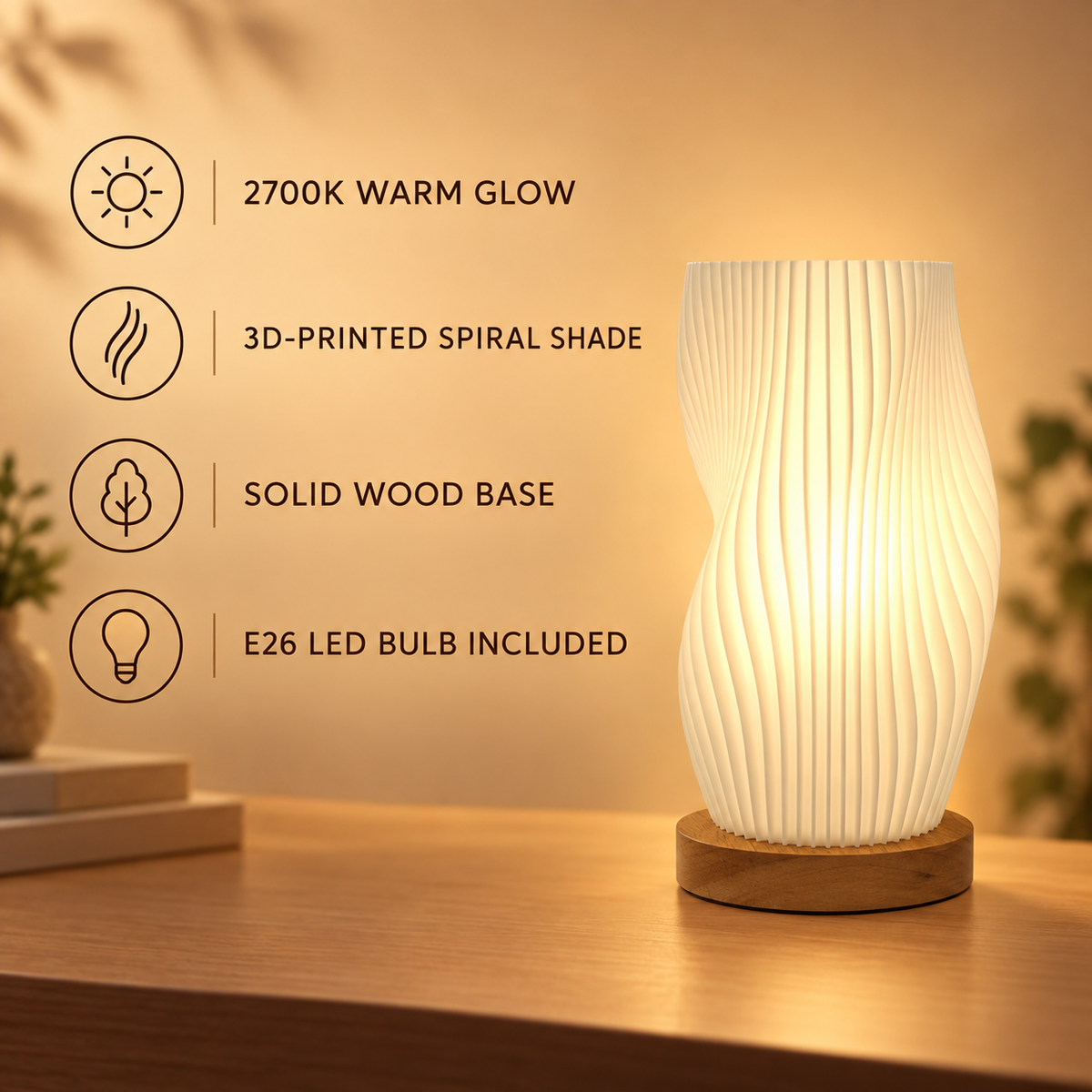 Vintage Spiral Wave Table Lamp, 8.3-Inch Small Bedside Lamp with 3D-Printed Ivory Shade, Solid Wood Base, Warm 2700K LED Bulb Included, Nightstand Light for Bedroom, Office & Dorm