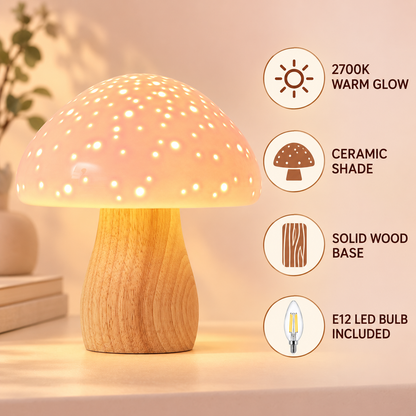 Pink Ceramic Mushroom Table Lamp — 2700K Warm Glow Nightstand Light with Solid Wood Base & E12 LED Bulb