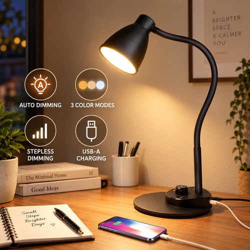 LED Desk Lamp with USB Charging Port — 3 Color Modes, Auto Dimming, Stepless Brightness & Flexible Gooseneck