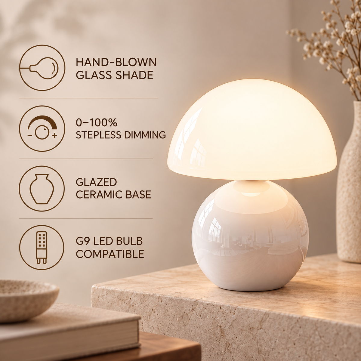 Dimmable White Mushroom Table Lamp