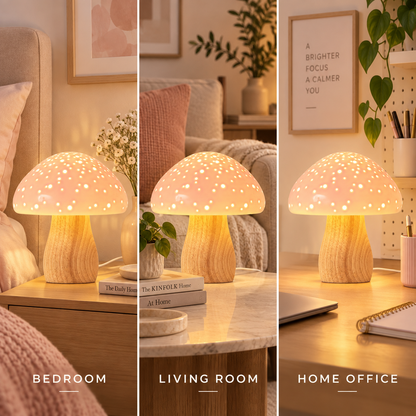 Pink Ceramic Mushroom Table Lamp — 2700K Warm Glow Nightstand Light with Solid Wood Base & E12 LED Bulb