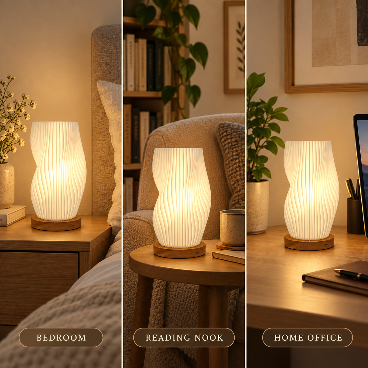 Vintage Spiral Wave Table Lamp, 8.3-Inch Small Bedside Lamp with 3D-Printed Ivory Shade, Solid Wood Base, Warm 2700K LED Bulb Included, Nightstand Light for Bedroom, Office & Dorm