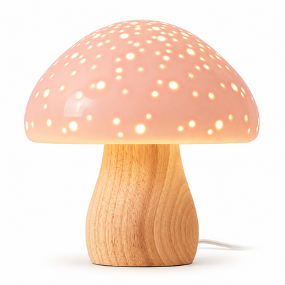 Pink Ceramic Mushroom Table Lamp — 2700K Warm Glow Nightstand Light with Solid Wood Base & E12 LED Bulb