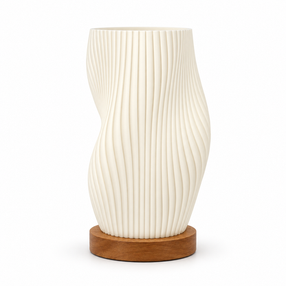 Vintage Spiral Wave Table Lamp, 8.3-Inch Small Bedside Lamp with 3D-Printed Ivory Shade, Solid Wood Base, Warm 2700K LED Bulb Included, Nightstand Light for Bedroom, Office & Dorm