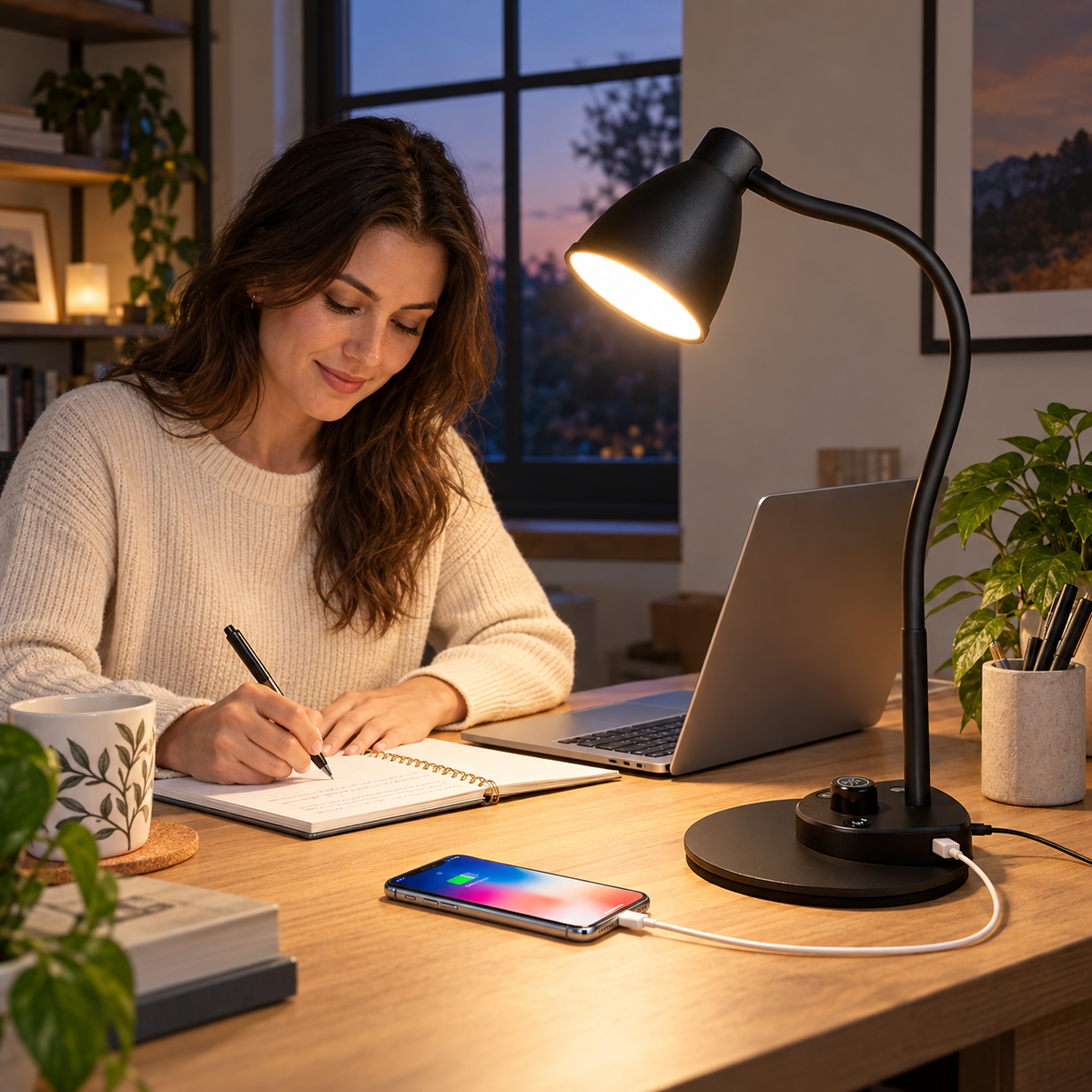 LED Desk Lamp with USB Charging Port — 3 Color Modes, Auto Dimming, Stepless Brightness & Flexible Gooseneck