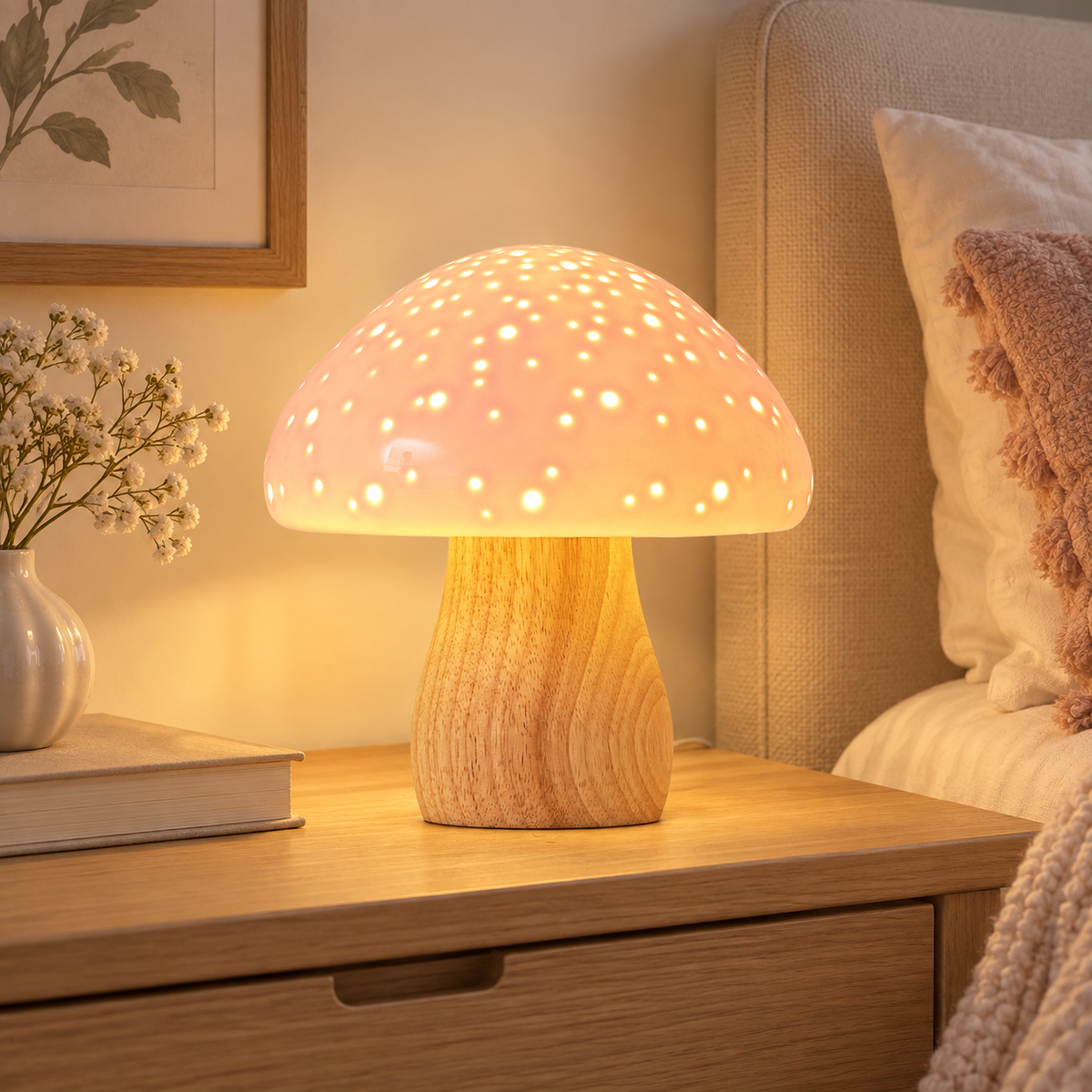 Pink Ceramic Mushroom Table Lamp — 2700K Warm Glow Nightstand Light with Solid Wood Base & E12 LED Bulb